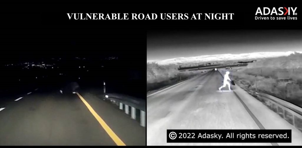 Thermal imaging cameras from ADASKY can detect a pedestrian crossing a road with his bicycle at night, revealing hazards invisible to visual spectrum cameras and ensuring safer autonomous navigation in low-visibility conditions.